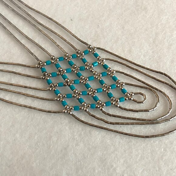 VTG Liquid Sterling Silver 925 Southwest Woven Beaded Heishi Turquoise Necklace - Picture 4 of 16